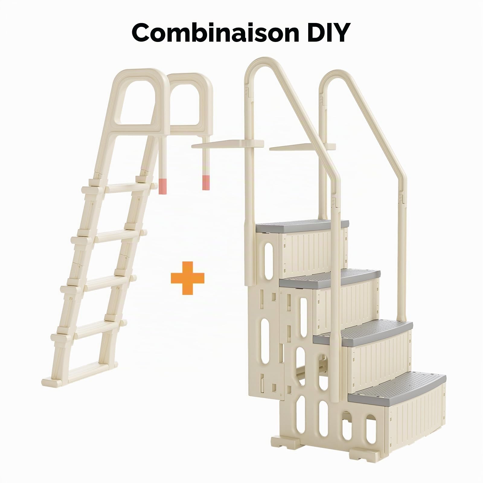 BONNLO Ensemble Escaliers de Piscine Double 4+5 Marches, PE, Blanc Cassé, Échelle de Piscine Creusée et Hors Sol 116cm, Anti-Dérapant, DIY Combiné