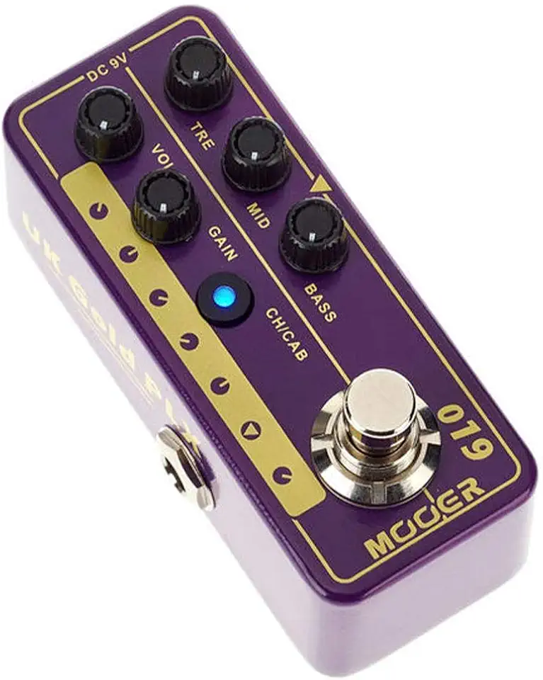 Mooer Pedal Preamp UK Gold PLX M019 | para Guitarra, Digital, Dois Canais, EQ de 3 Bandas, Simulador de Gabinete, Footswitch, Compacto, 9V DC