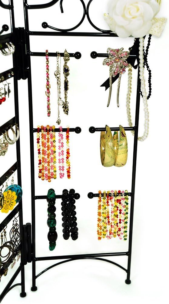 Mango Steam 3-Panel Jewelry Organizer Stand for Hanging Earrings, Bracelets, & Necklaces - Tall Version, Black