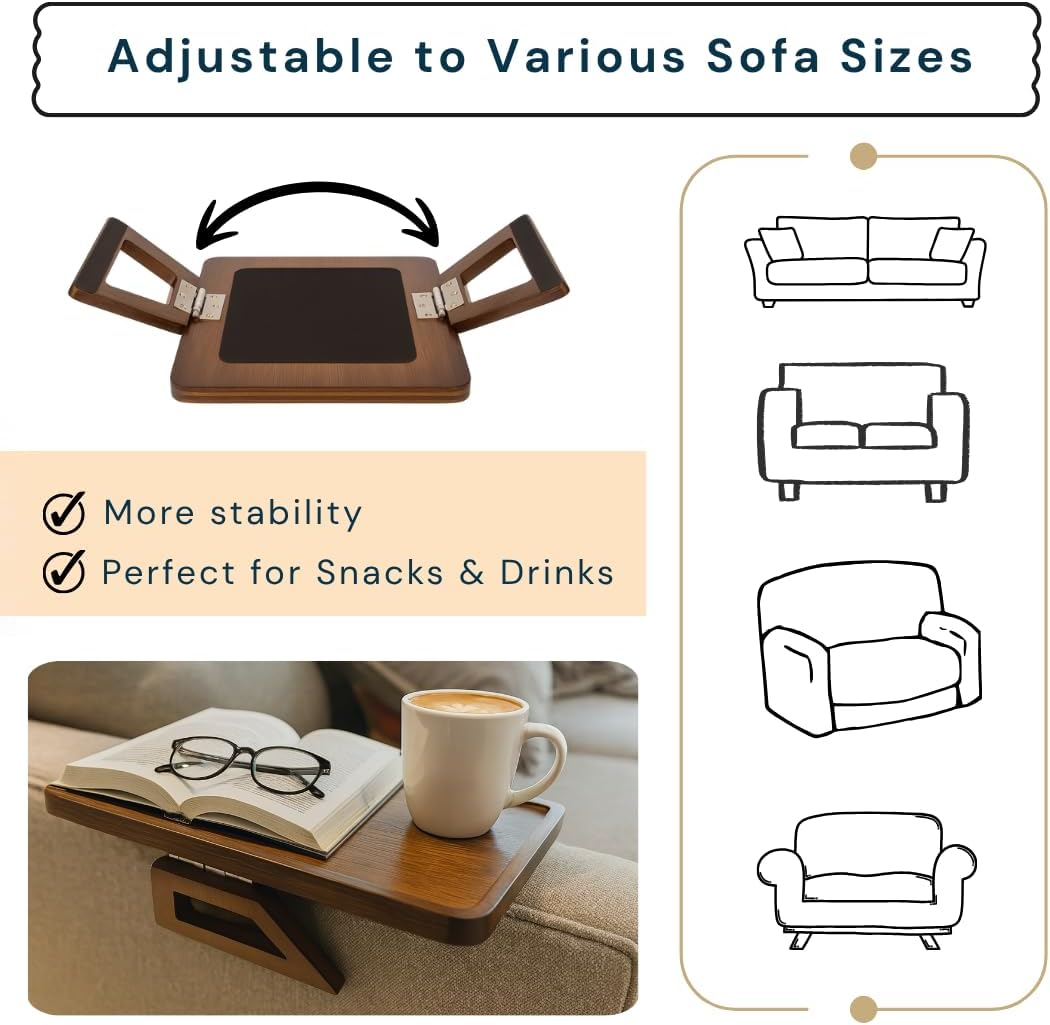 Sofa Table Tray - Bamboo Couch Armrest Table Universal Fit - Sofa Table With Non-Slip Pads to Keep Things in Place -13 x 9.5 Inch – Armrest tray table for couch – (Brown)