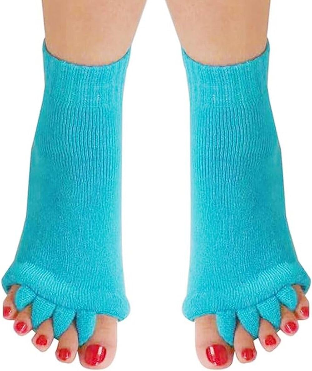 Footmate Foot Alignment Socks Five Toe Separator (Pack of 2) - Foot Pain Relief, Yoga Gym Sports Massage Socks - Improving Posture & Increasing Flexibility for Men & Women(Size 7-8, Turquoise Blue)