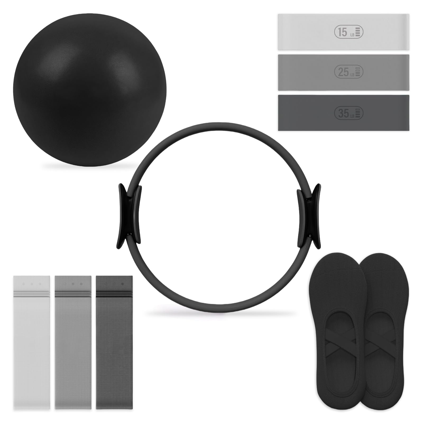 Pilates Essential Kit - Portable Fitness Equipment - with Toning Pilates Ring & Long Resistance Bands & Pilates Loop Bands & Soft Pilates Ball & Pilates Grip Socks