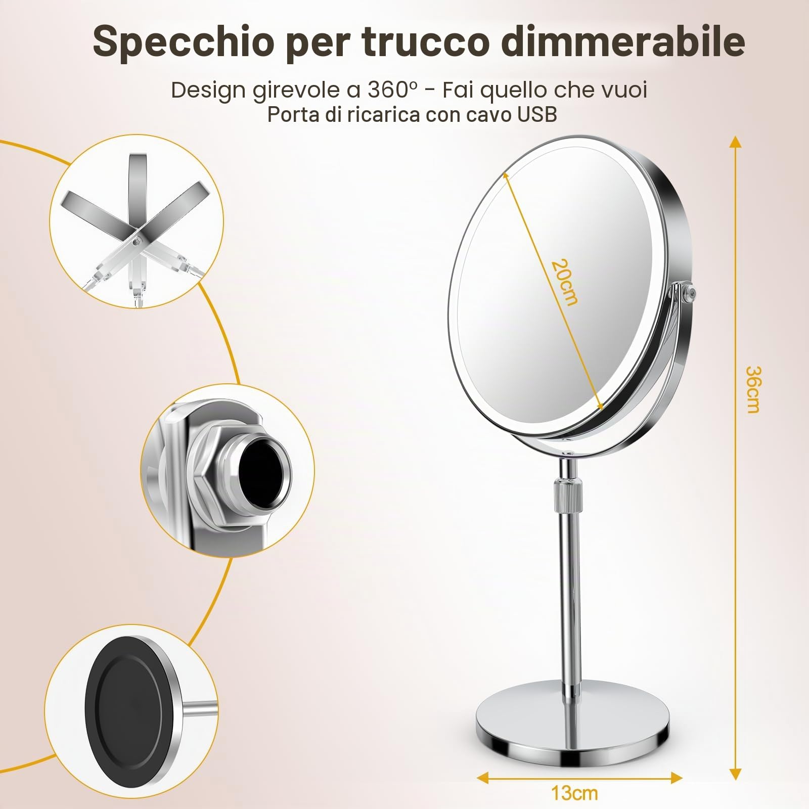 SURFOU Specchio Trucco con Luci 8“ Ricaricabile, Doppia Faccia con Ingranditore 10X/1X, 3 Modalità Luce LED, Altezza Regolabile e Rotazione 360°, per Camera da Letto e Viaggio