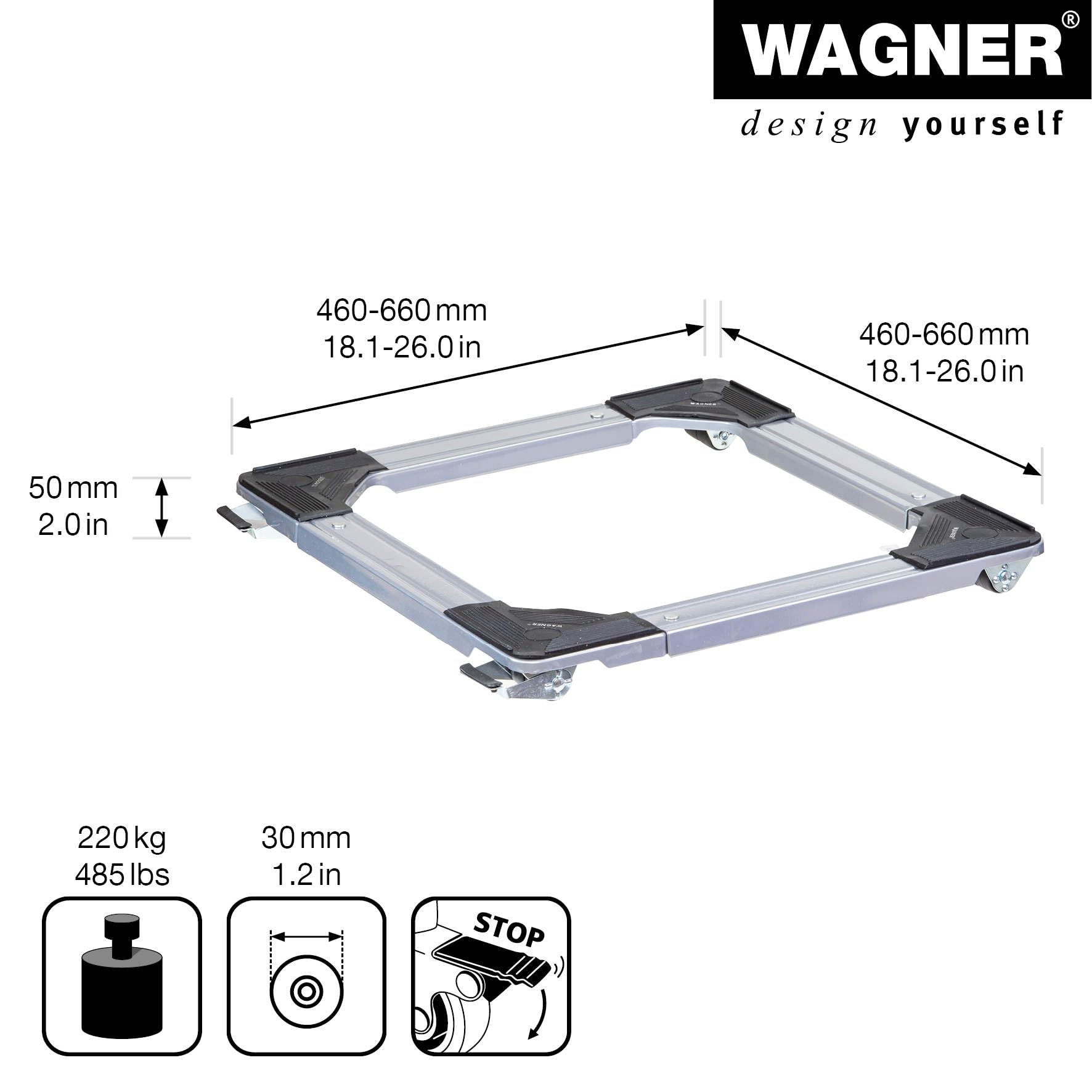 WAGNER Transportroller Transporthilfe 1195 I Industriestahl 46-66 x 5 cm, Tragkraft 220 kg I größenverstellbare ausziehbare Ladefläche I Umzug von Waschmaschine, Trockner, Herd I Möbelroller Bremsen | Stahl, Tragfähigkeit 220 kg, VE 2 Stk, Länge verstellb