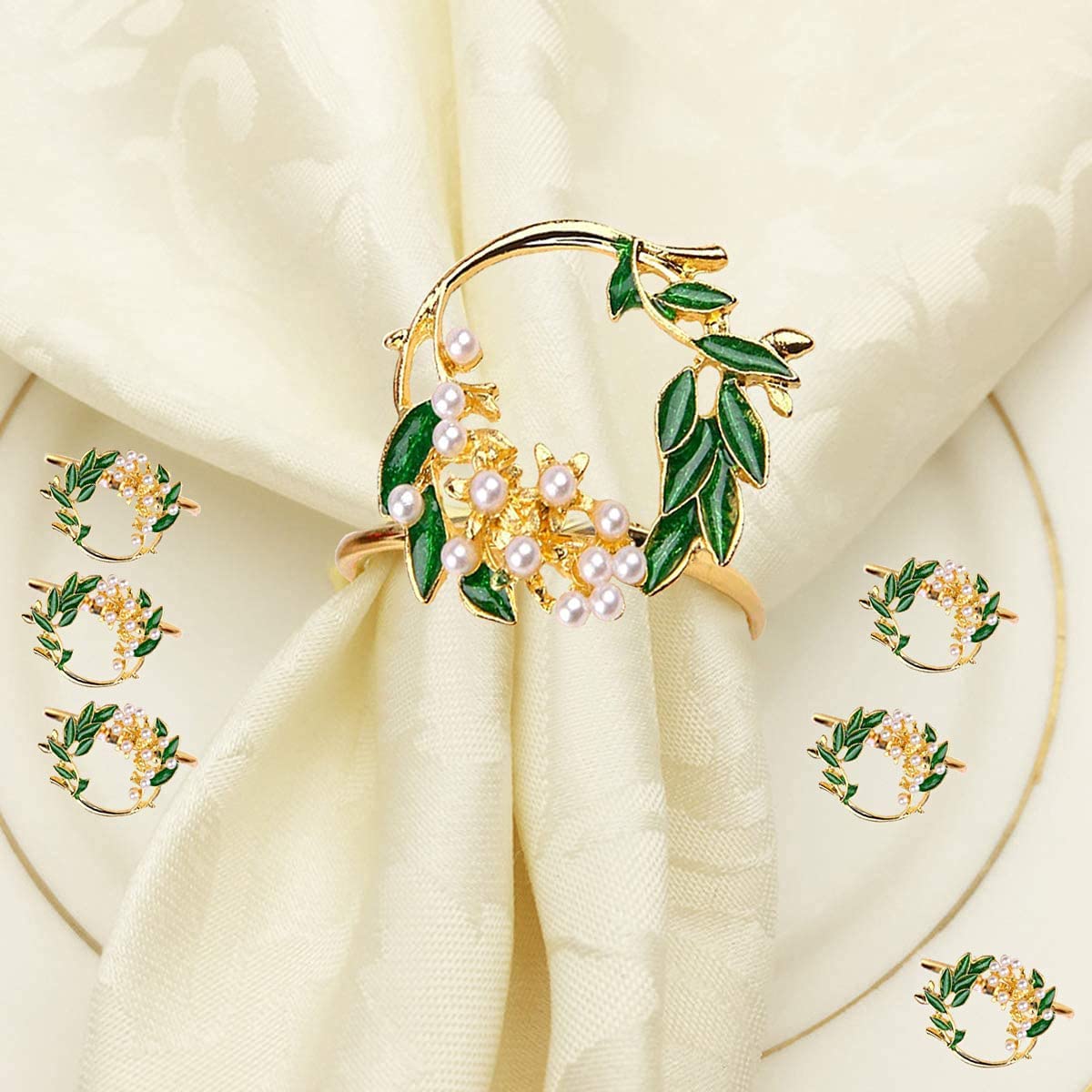 Napkin Ring Golden Pearl Flower Napkin Rings Set of 6 Metal Napkin Holder for Wedding Party Dinner Table Decoration