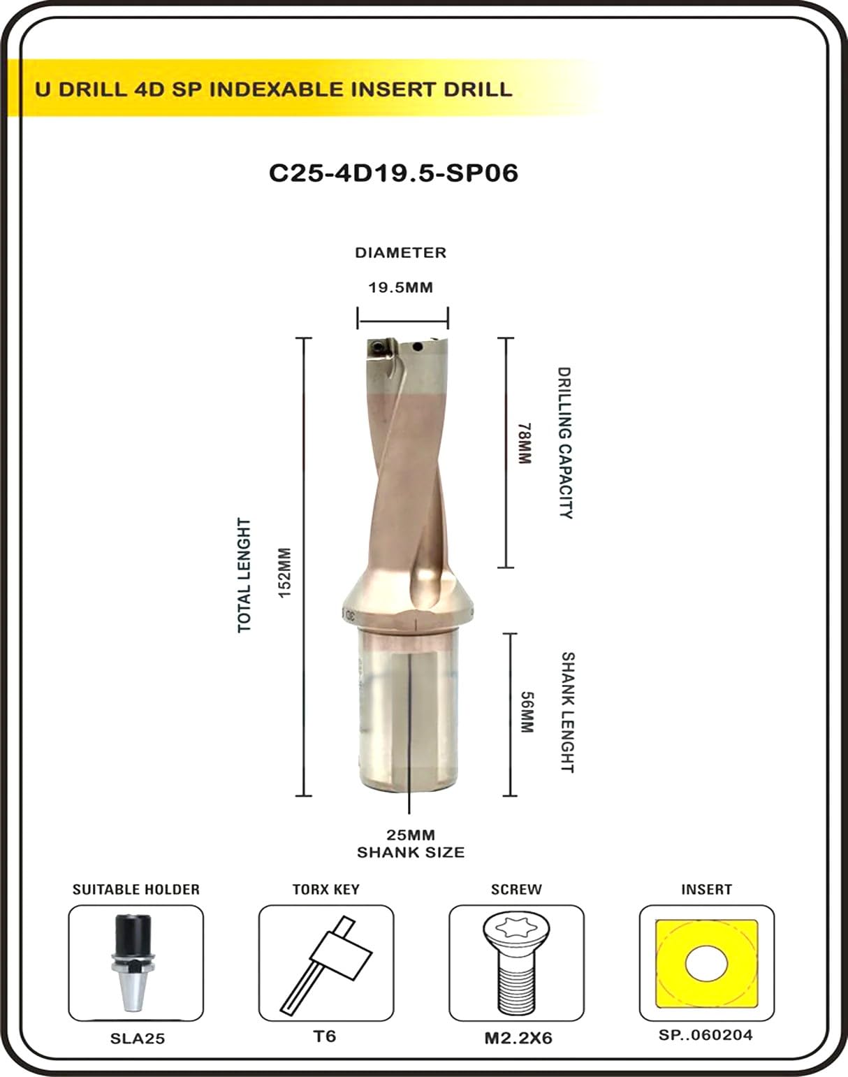 Buyohlic Indexable Insert U Drill 19.5 MM II Weldon Shank II Through Coolant II 10 pcs Carbide Inserts Free (Dia 19.5 mm~5D~25 mm Shank)