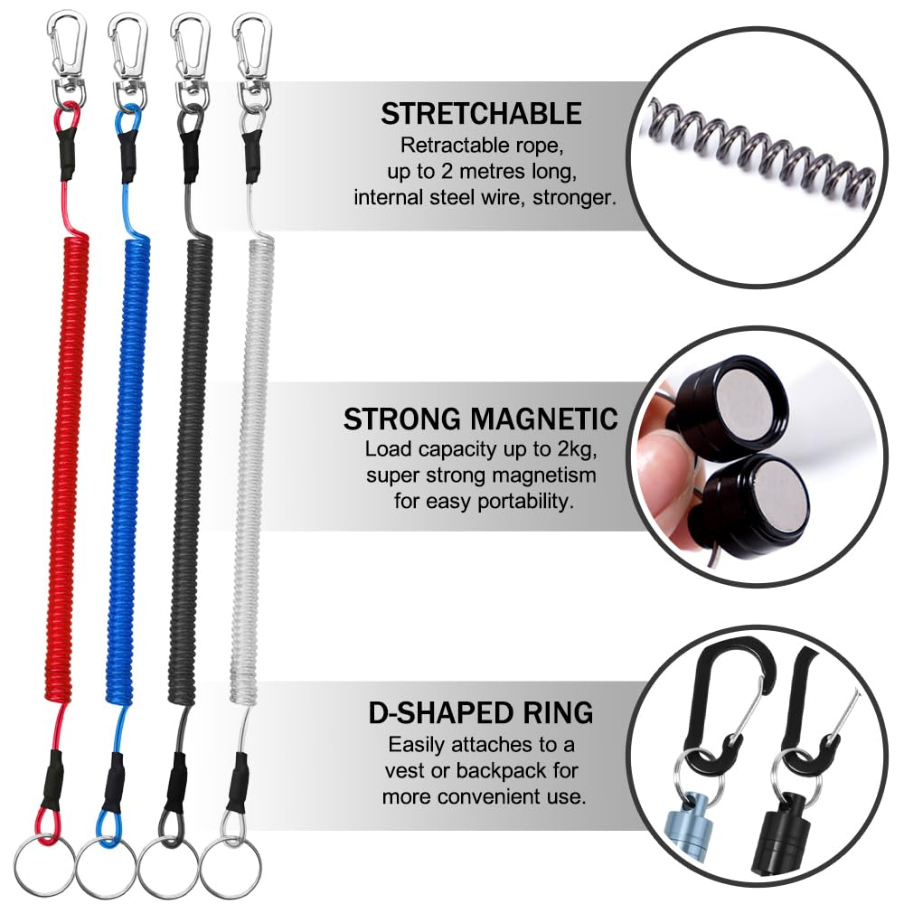 4 Pièces Aimant pour Epuisette, Libération de Filet Magnétique avec Porte Clé Extensible Spirale Boucle Magnétique de Filet pour Pêche Surf Randonnée L'alpinisme 4 Couleurs