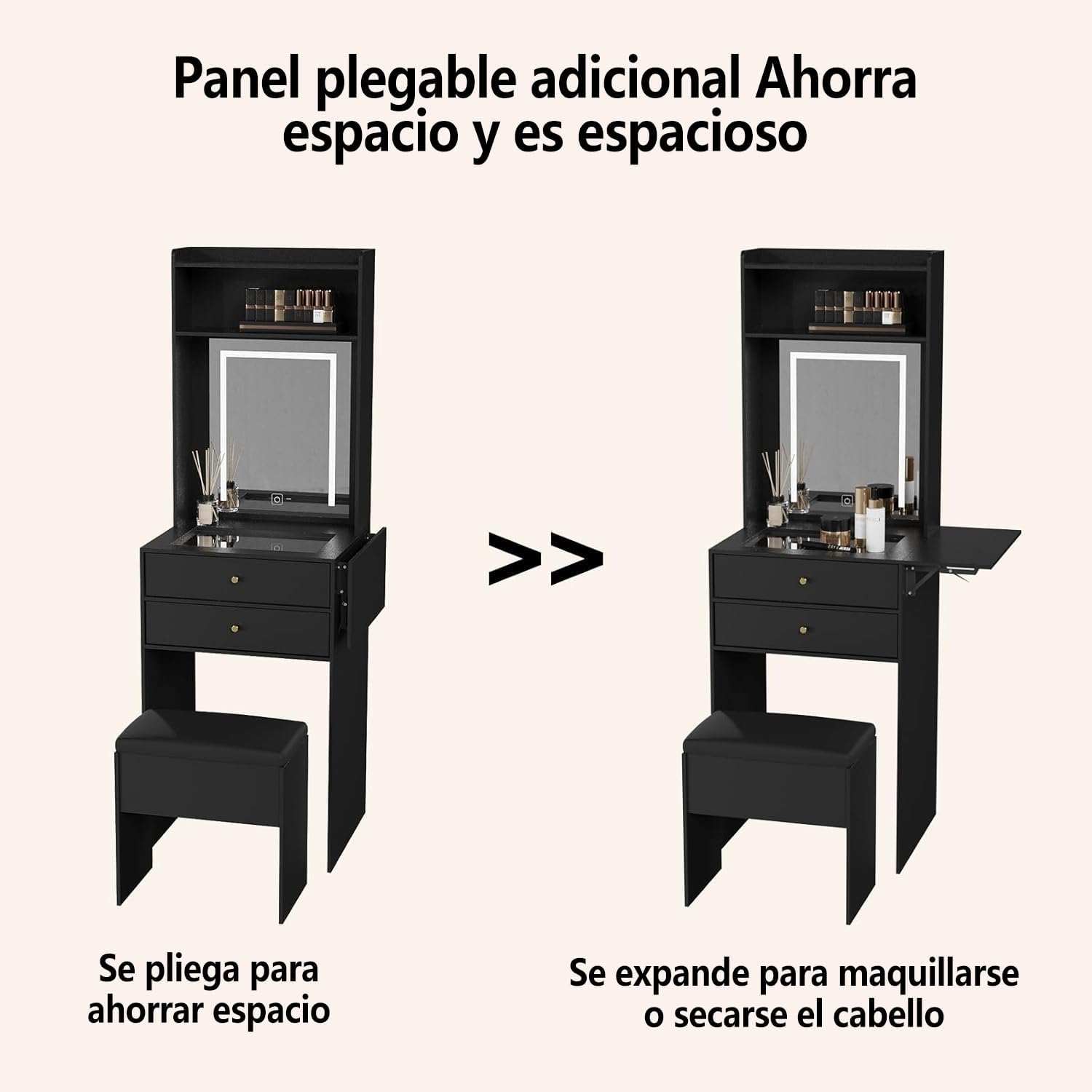 Diagram showing the dressing table with its side panel in both folded and extended positions.