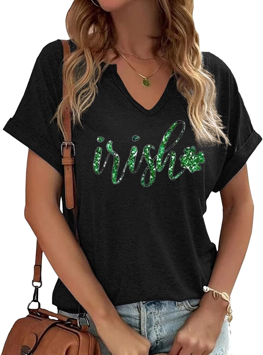 St Patrick's Day V Neck Shirts for Womens Irish Shamrock Graphic Tee Funny Lucky Heart Printed Short Sleeve Shirts Tops