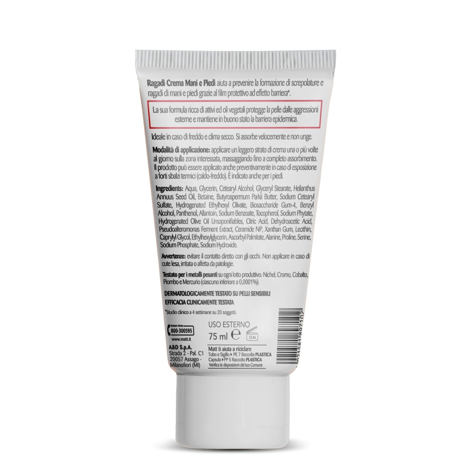 Matt, Ragadi Crema Mani e Piedi, Azione Rigenerante, Nutriente, Protettiva, Effetto Barriera, Ricca di Attivi e Oli Vegetali, Ideale per Prevenire Screpolature e Ragadi, 75 ml
