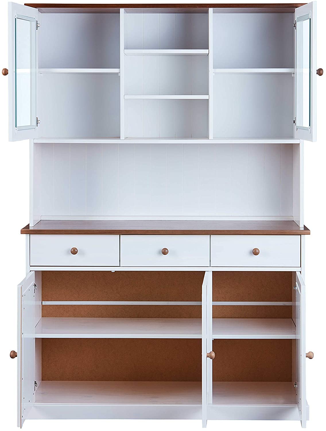 Inter Link - Vitrinenschrank - Küchenschrank - Geschirrschrank - Esszimmerschrank – Vitrine - Landhausstil - Kiefer Massivholz – 5 Türen – 3 Schubladen – Westerland 6.2 – Weiß/Sepia lackiert