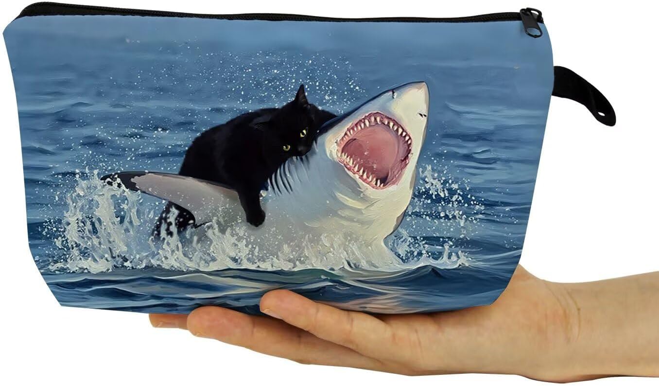 Funny Black Cats Cosmetic Bag Small Makeup Organizer Pouch with Zipper Funny Quirky Cat And Shark Toiletry Makeup Bag Presents for Women Friends - Image 4