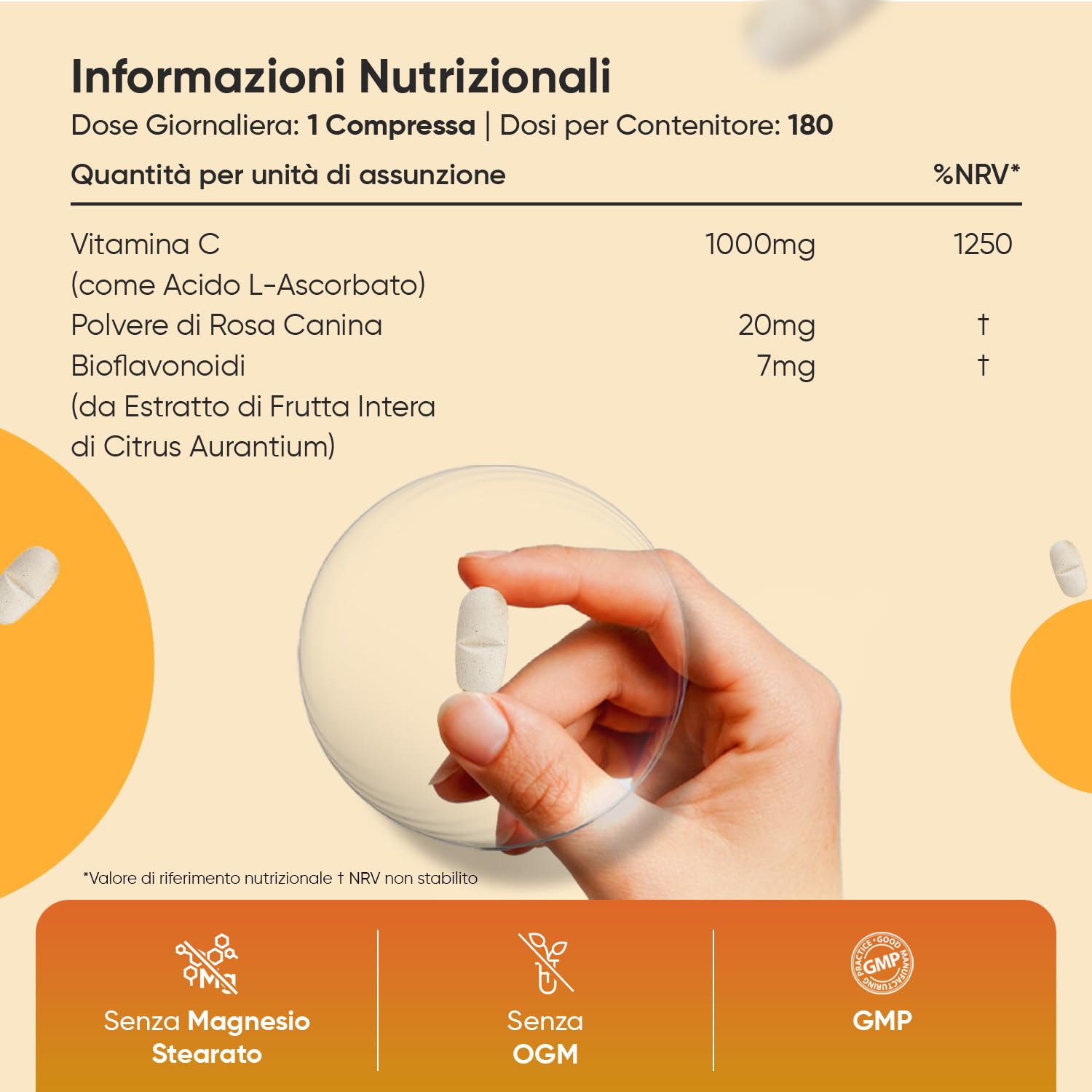 Vitamina C 1000mg Vegana con Rosa Canina, 180 Compresse, 1 Sola al Giorno (6 Mesi di Fornitura), Integratore Vitamina C, Acido Ascorbico e Bioflavonoidi da Citrus Aurantium, Senza Magnesio Stearato