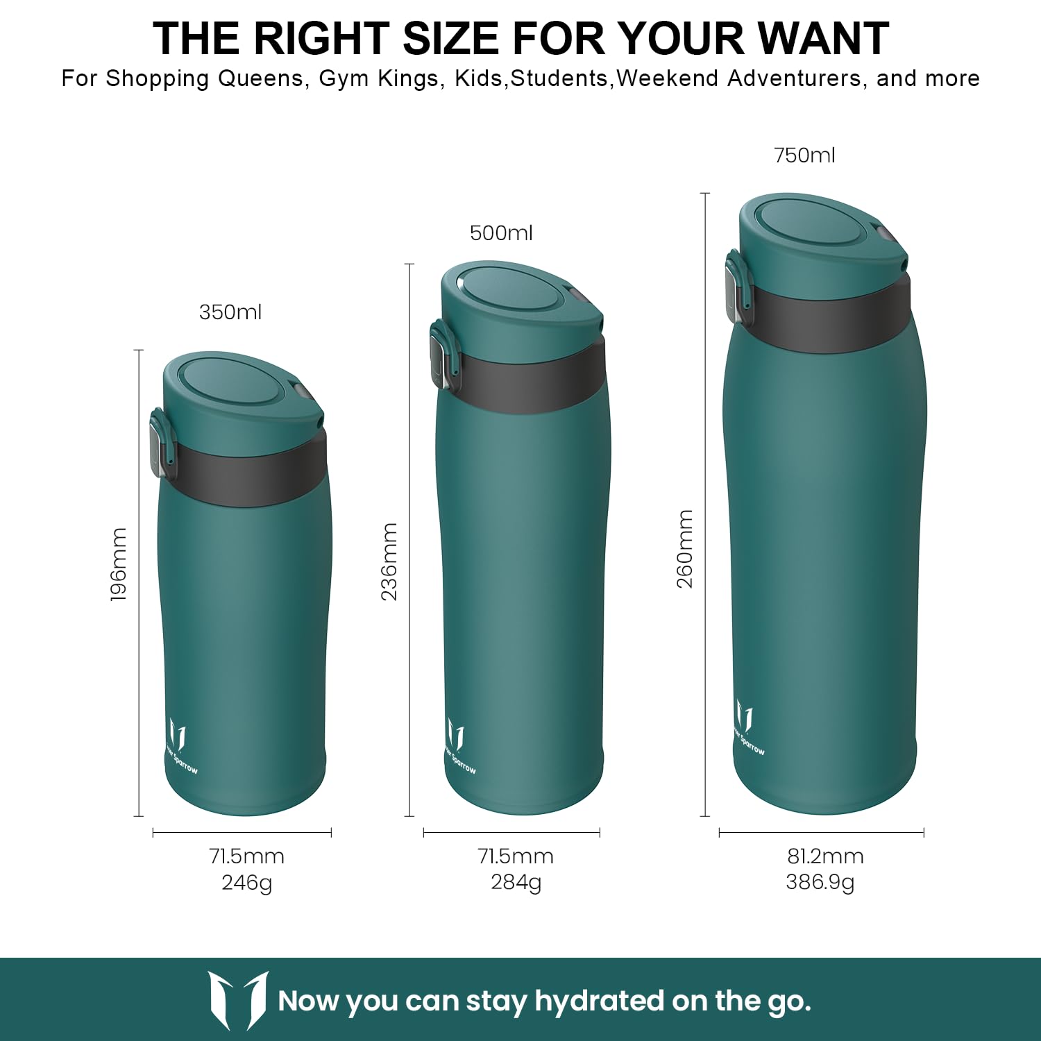 Super Sparrow Borraccia Termica, Acciaio Inox Bottiglia Termica - 350ml, 500ml, 750ml - Senza BPA Tazza Termica, Borraccia Termica per Bambini, Scuola, Sportiva, Bici, Campeggio, Palestra