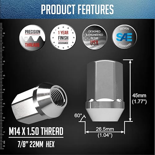 Vista 80 de Wheel Accessories Parts 20 piezas M14x1.5 14x1.5 Rosca corta camión corto 1.50 pulgadas de largo Tuercas estriadas cromadas 6 ranuras hexagonales