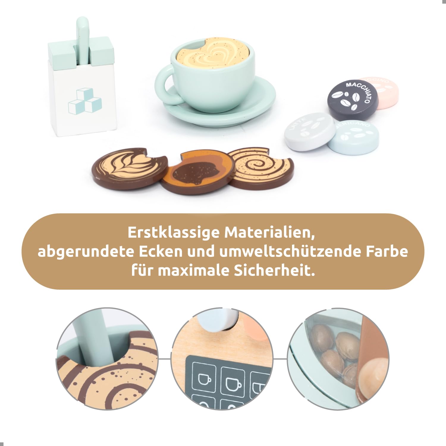 UMU® Kinder Kaffeemaschine aus Holz – Kinderküche Zubehör inkl. austauschbaren Latte-Art-Designs und Tassen, Kaffeeservice-Set für Rollenspiele, Holzspielzeug für Vorschulkinder ab 3 4 5 6 Jahren