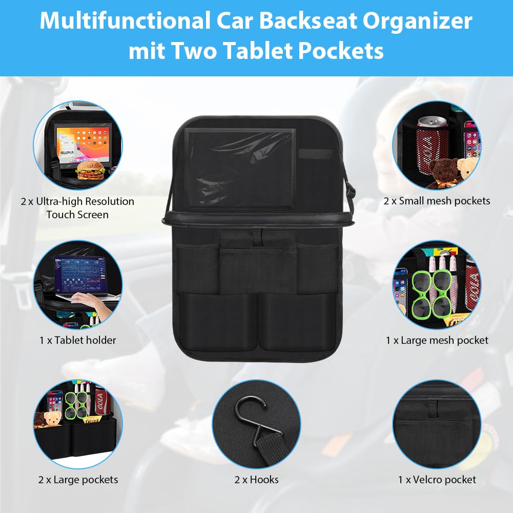 Yuragim Organizer per auto con tavolo, 2 pezzi, organizer per sedile auto, grande protezione per lo schienale dell'auto, impermeabile, organizer per bambini con tavolo pieghevole, tablet, telefono