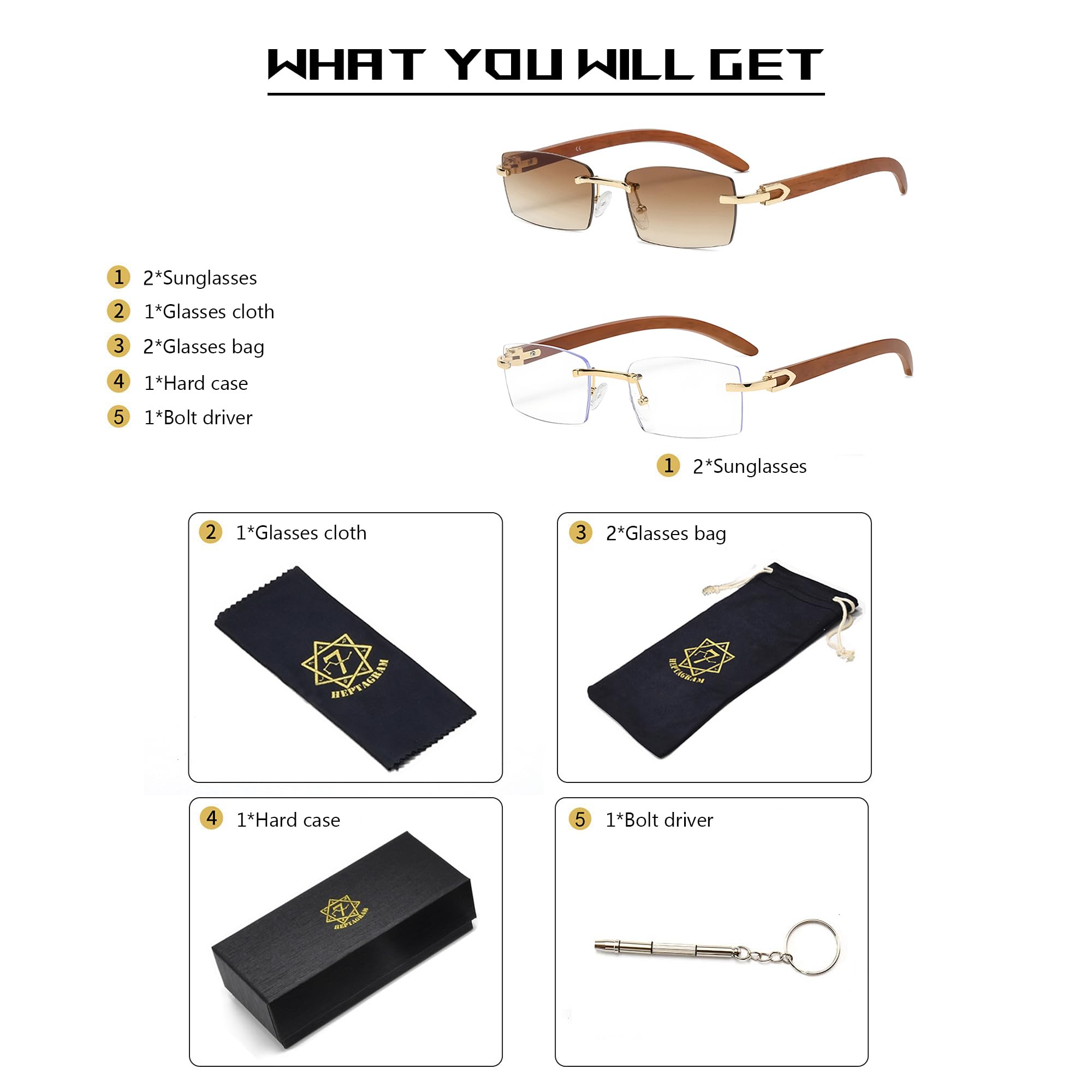 Heptagram - Lentes de sol rectangulares de moda sin montura para mujeres y hombres, estilo gángster de los años 90, sin marco, retro, vintage, a la moda