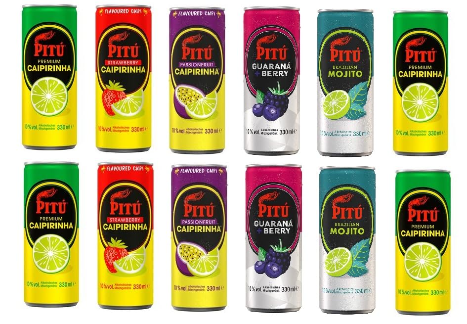 12 Dosen Pitu Mix (4 x Caipirinha / 2 x Strawberry / 2 x Passionsfrucht / 2 x Berry Guarana / 2 x Mojito) a 0,33 L 10% vol. inkl. EINWEGPFAND + Space Keks gratis a 45 g von Onlineshop Bormann