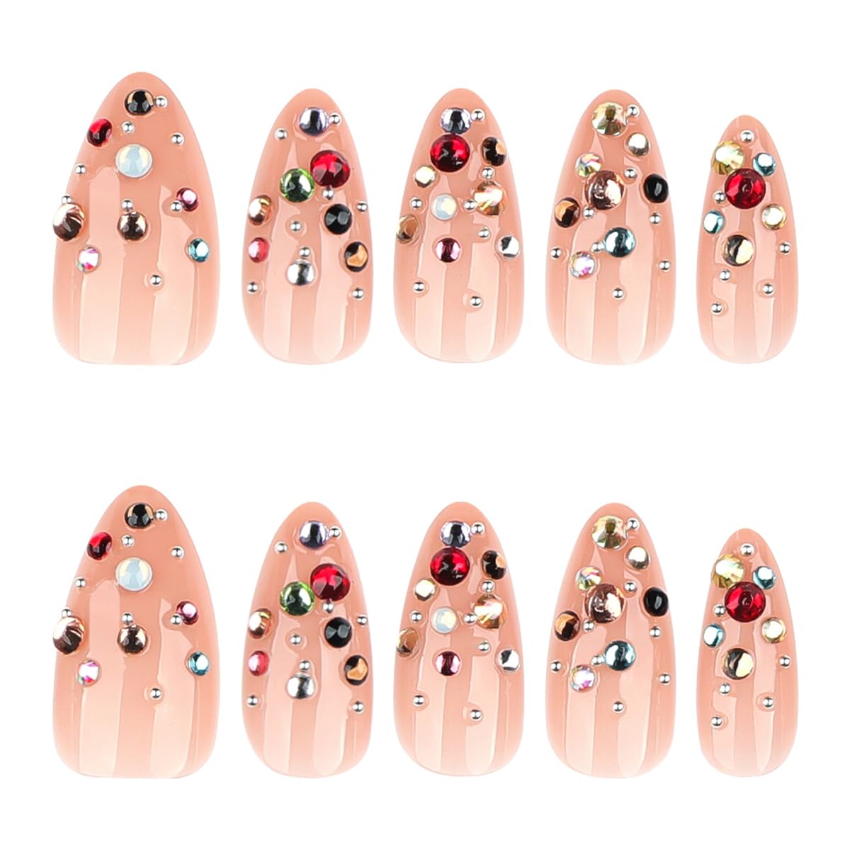 Medium Almond Fake Nails, Nude Base Multi Color Rhinestone Press on Nails