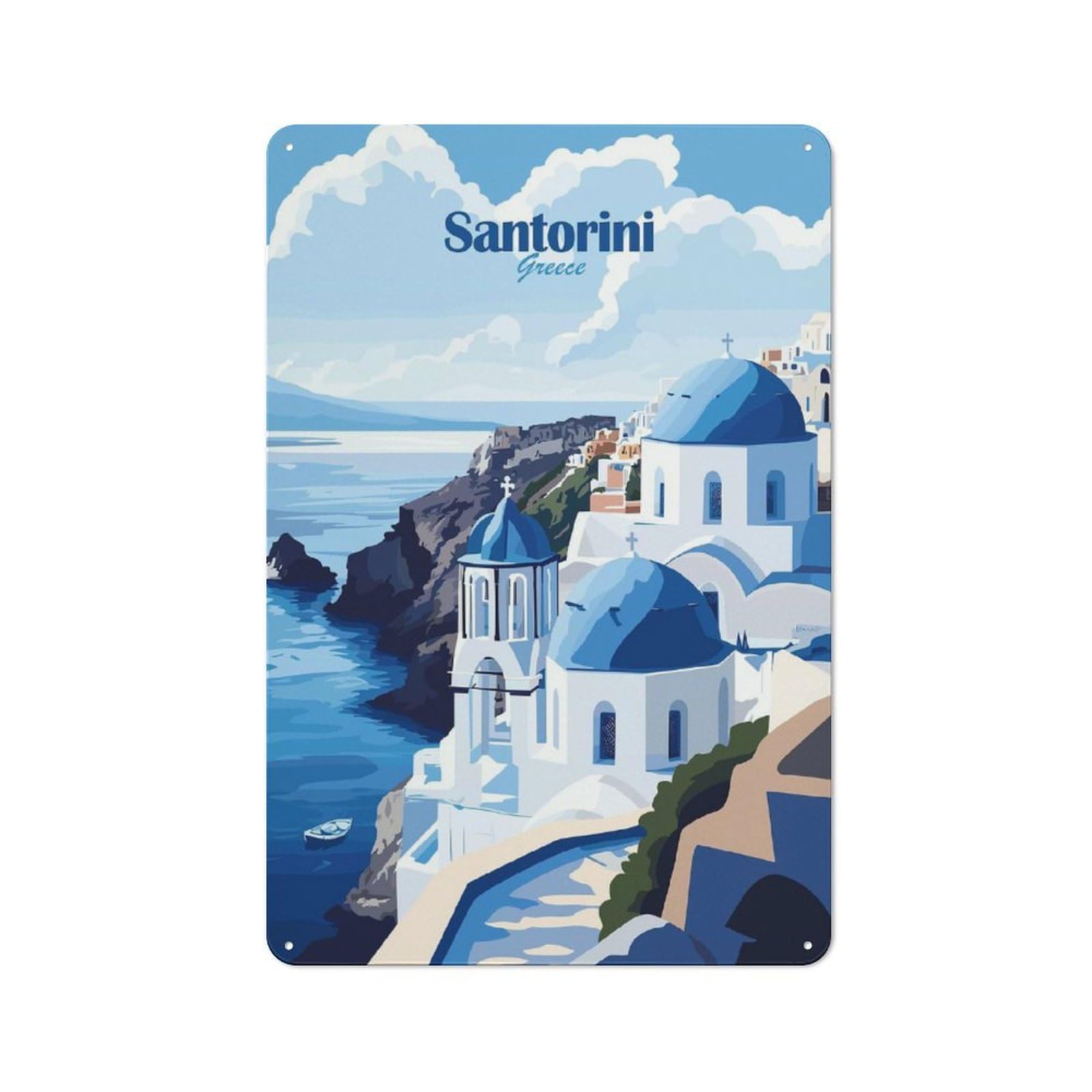 Junmoney Style-6 Santorini Greece(4) Rustic Tin Wall Plaque 30X20cm For Hobby Room Or Studio, A New Home Present For Creative Interior Collectors