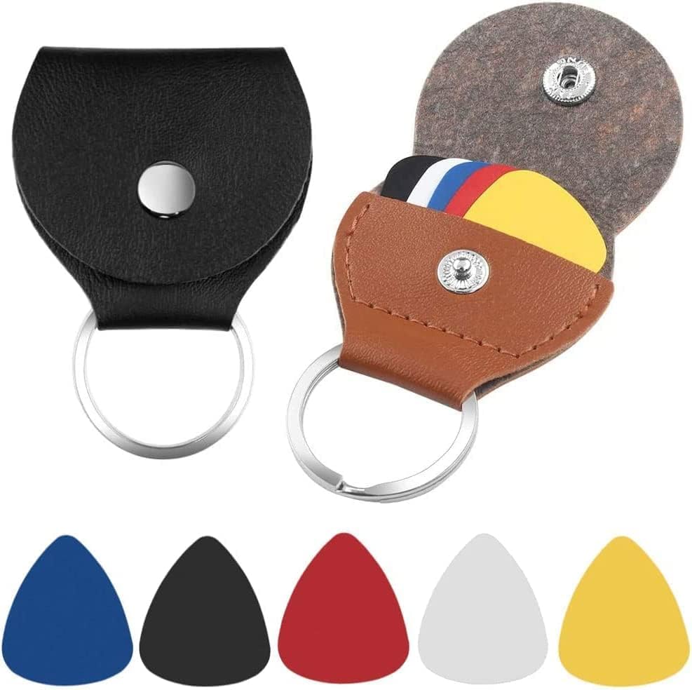 2 Pcs Guitar Picks Holder Cases, with 10 Pcs Multicolor Guitar plectrum, for Bass Electric Acoustic Guitars with Keyring, Portable Anti-lost PU Leather Protective Cases, Black, Brown