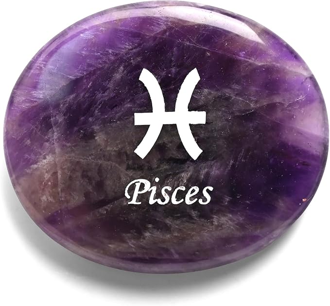 Amethyst Worry Stone, Natural Hand Carved Crystal Zodiac Anxiety Relief Plam Stone, Constellation Symbols Engraved Thumb Worry Stone, Zodiac Gift for Men Women, Meditation-Pisces