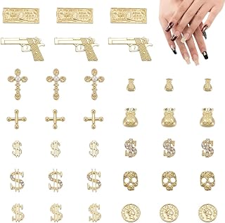 PLIGREAT 144 Pcs 3D Money Nail Charms, Gold Alloy Dollar Cross Charms for Nails Art Manicure Supplies Shiny Nail Rhinestones Jewelry Making DIY Crafts, 12 Styles