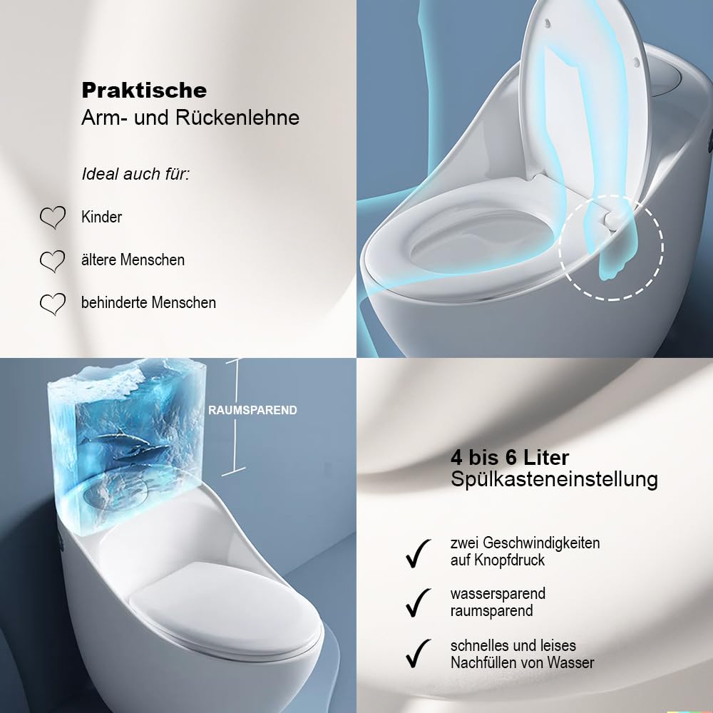 EGO INTERIORS Royalty Line | Einteilige Stand-WC mit eingebautem Spülkasten | Komplett-Set | kompakt und randlos | Sitz mit Soft Close Absenkautomatik | Quick Release Scharnieren | weiße Keramik