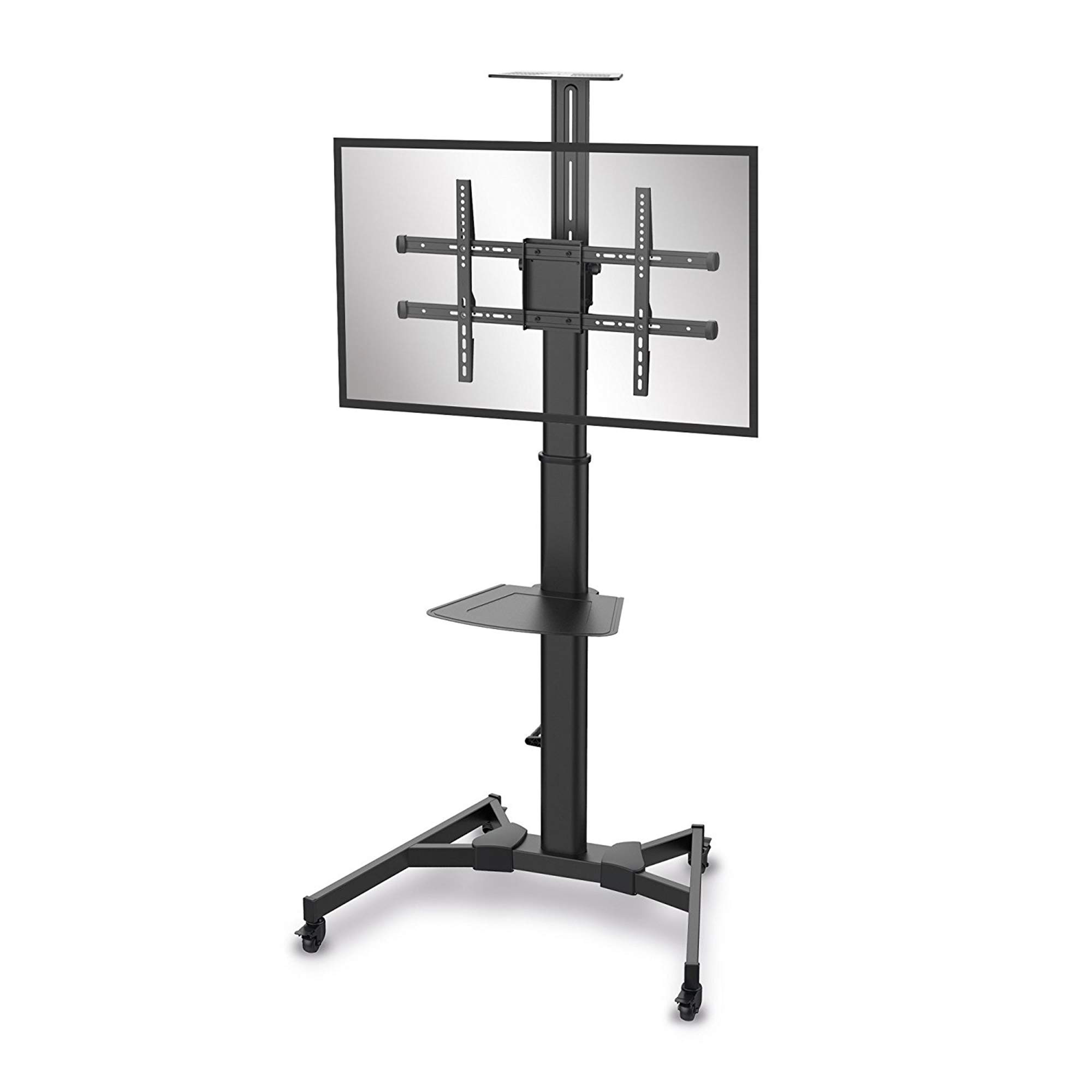 PureMounts TV Standfuß rollbar 37–70 Zoll VESA 600x400 höhenverstellbar | Standfuß mit Kameraablage, Ablageboden, Kabelmanagement, Rollen und neigbarer Halterung für flexible TV-Montage.