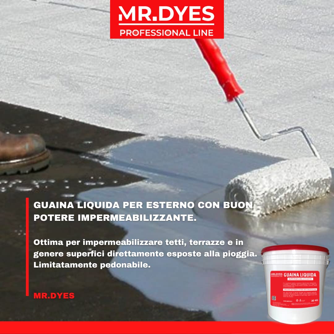 Guaina Liquida Impermeabilizzante - Membrana Monocomponente Multisupporto, Vari Colori e Formati, Gomma Liquida per Tetti e Terrazzi. (20 KG, BIANCO)
