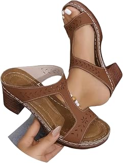 Generic Sandals for Women 2026 Dressy Summer Open Toe Chunky Heels Boho Hollow Out Slide Sandal Casual Block Heeled Wedge Shoes