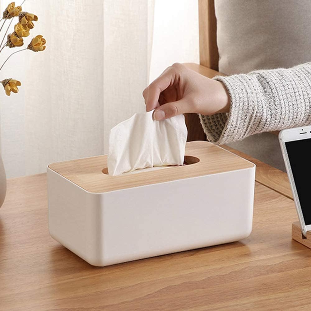 Vunexo Bamboo Cover Plastic Tissue Box Holder for Home Facial