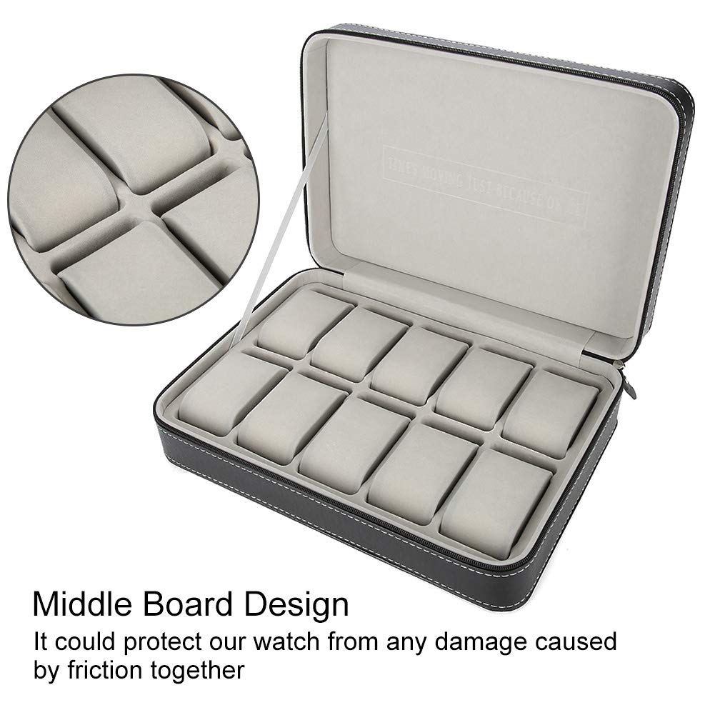 Caja de reloj Vitrina de 10 ranuras Organizador de almacenamiento de vidrio real con cuero Pu para hombres y mujeres