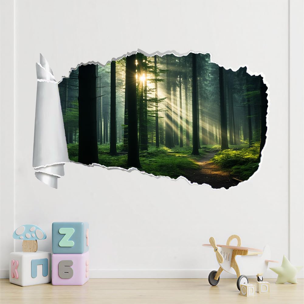 3D Durchbruch Wandtattoo Mädchen Kinderzimmer Waldbaum Sonnenschein Wandaufkleber Dekorative Naturlandschaft Wandsticker für Junge Teenager Zimmer Wohnzimmer Schlafzimmer Wandbilder Deko