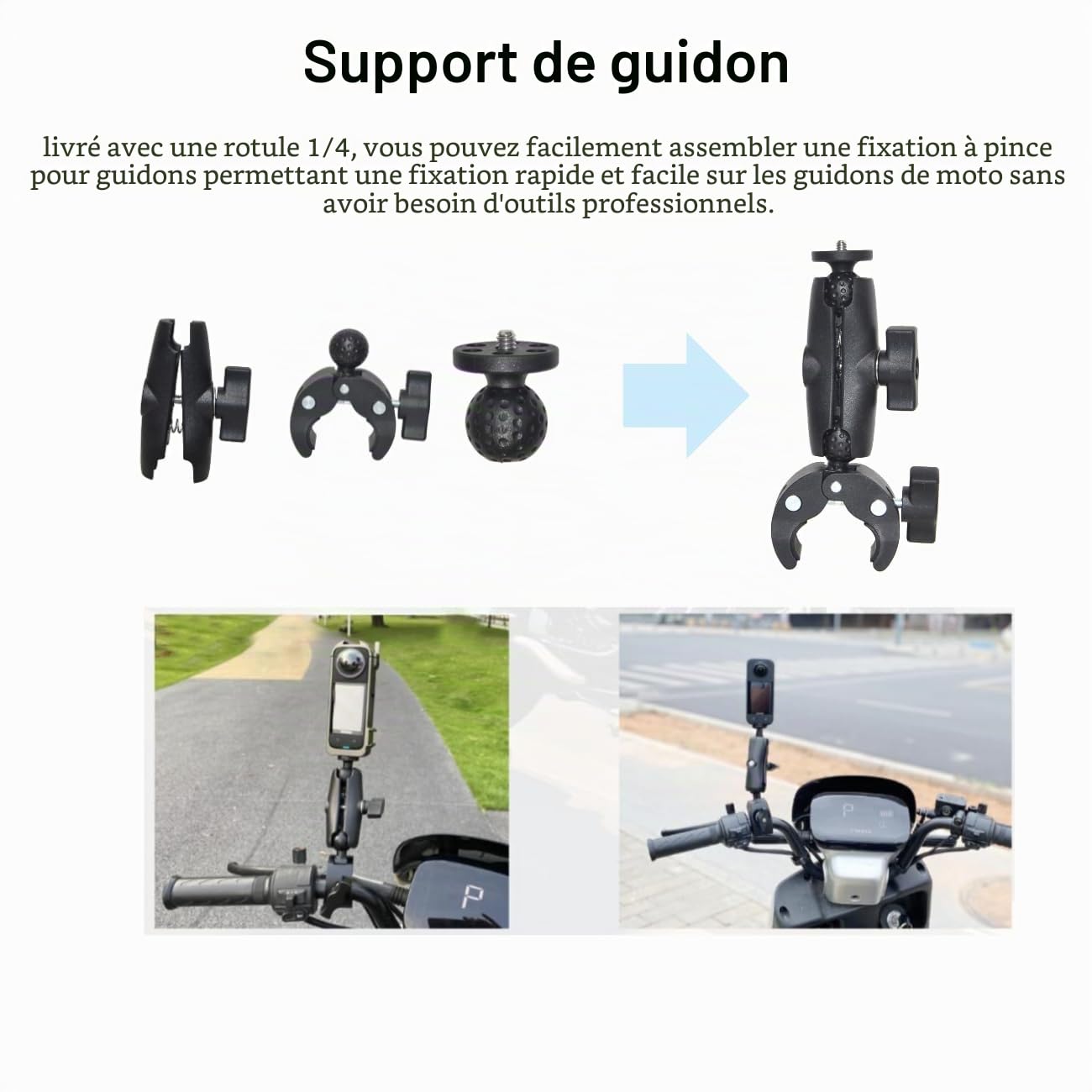 Kit de Montage Moto pour Insta360 X5, X4, x3, One RS, pour GoPro Hero 13, Hero 12, Hero 11, avec Double Pince, Angle réglable, matériau Aluminium, système de Montage Stable