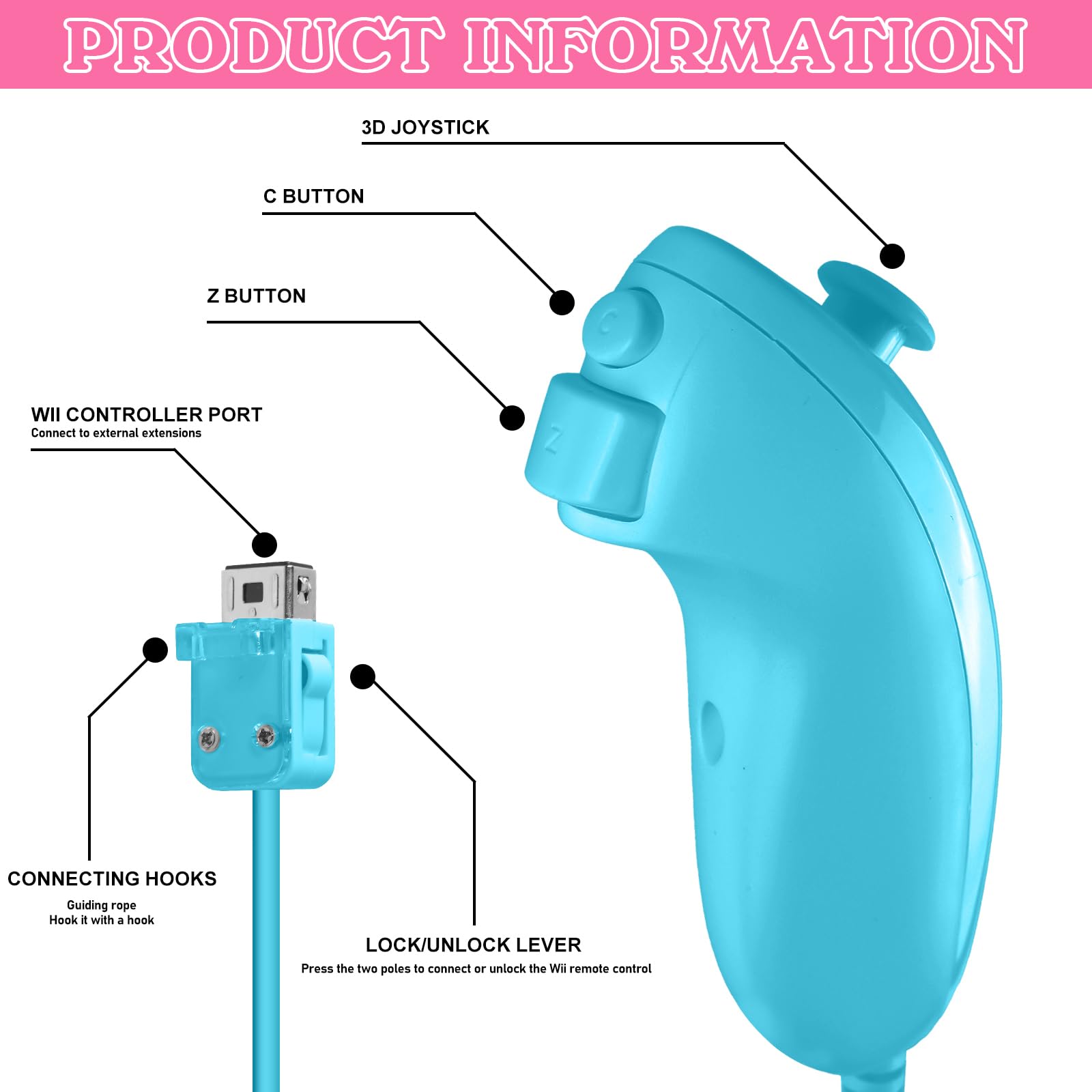 Keltorio Pack de 2 manettes Wii Remote : Manette Wii Remote avec Nunchuk, manette Nunchuk pour Wii Remote Plus, joystick de remplacement (Rose + Bleu)
