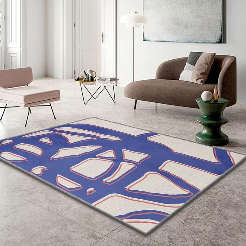 Tapis long 180x280 cm lavable au motif abstrait bleu pour grand salon et chambre