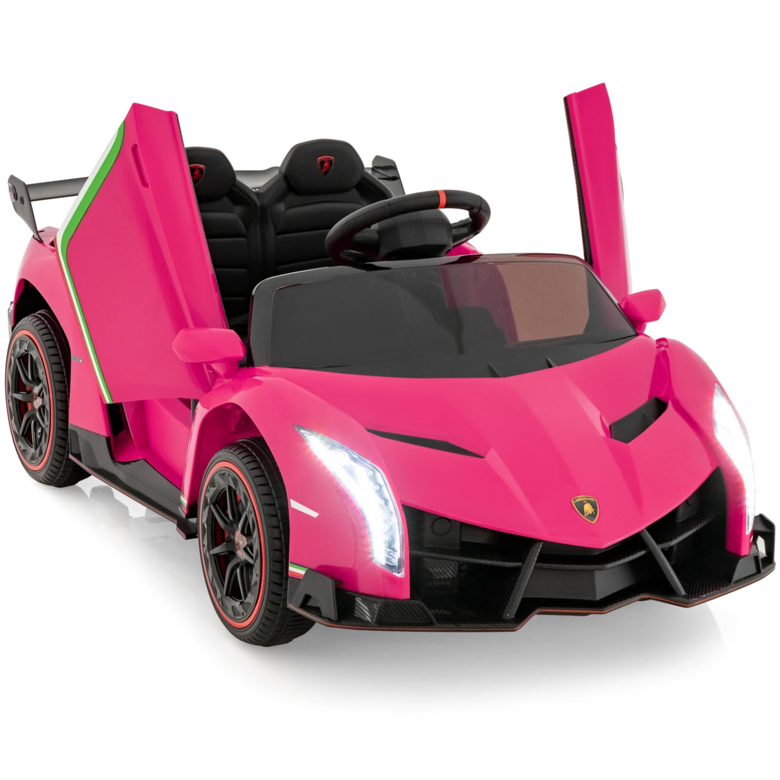 GYMAX Kids Ride on Car, 12V Battery Powered Licensed Lamborghini Car with Remote Control, Music, 3 Speeds, AUX/USB &Safety Belt, Children Electric Vehicle for 3-8 Years Old (Rose Red)