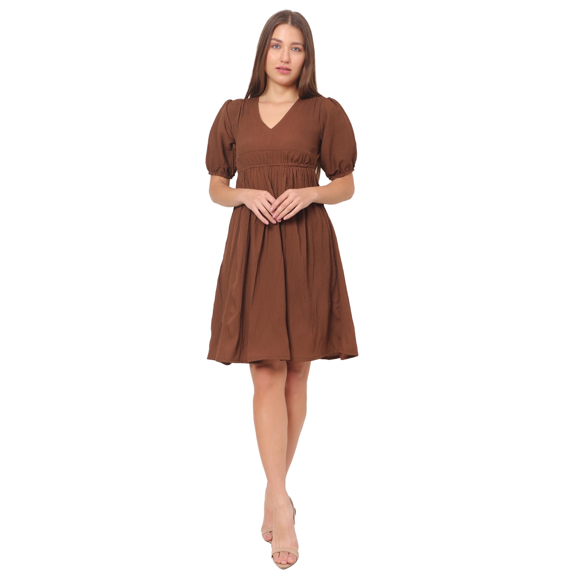 Polyester Midi Dress for Womens & Girls | Puff 3/4Th Elastic Sleeves | V Neckline | Regular Fit | Empire Waist | Knee Length | A Line Skirt | Ideal for Casual to Office Parties | Black-image-35