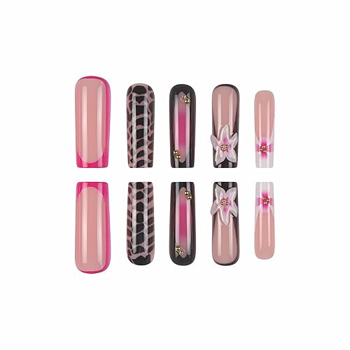 Miniatura 9 de MISUD Uñas postizas cuadradas a presión, largas y cuadradas, brillantes, con pegamento, color azul de verano, uñas acrílicas degradadas con mariposa