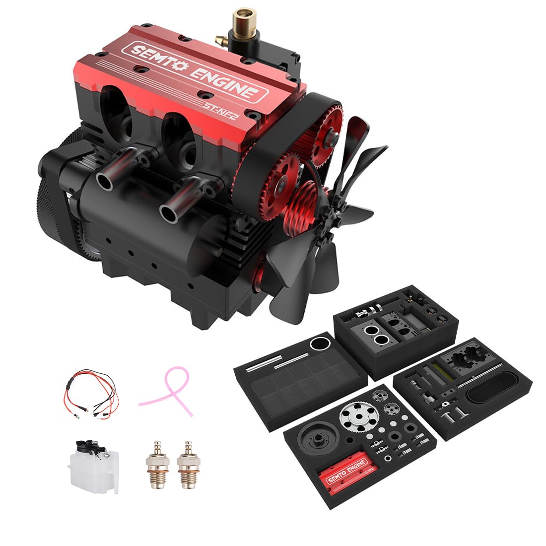 Joytopiaminds SEMTO 7.0cc Inline Double-Cylinder Four-Stroke Air-Cooled ST-NF2 Nitro Engine Set Includes F-Type Electric Plug, 75ml Fuel Tank, Silicone Oil Pipe, and Brush Start Ignition Power Module — image 1