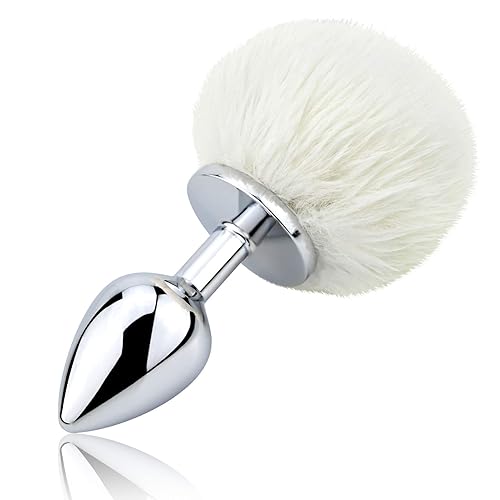 Bunny Tail Anal Plug, Metal Butt Plug with White Fluffy Rabbit Tail for Anal Sex Toys for Women Fun Sex Games (Medium) - Medium