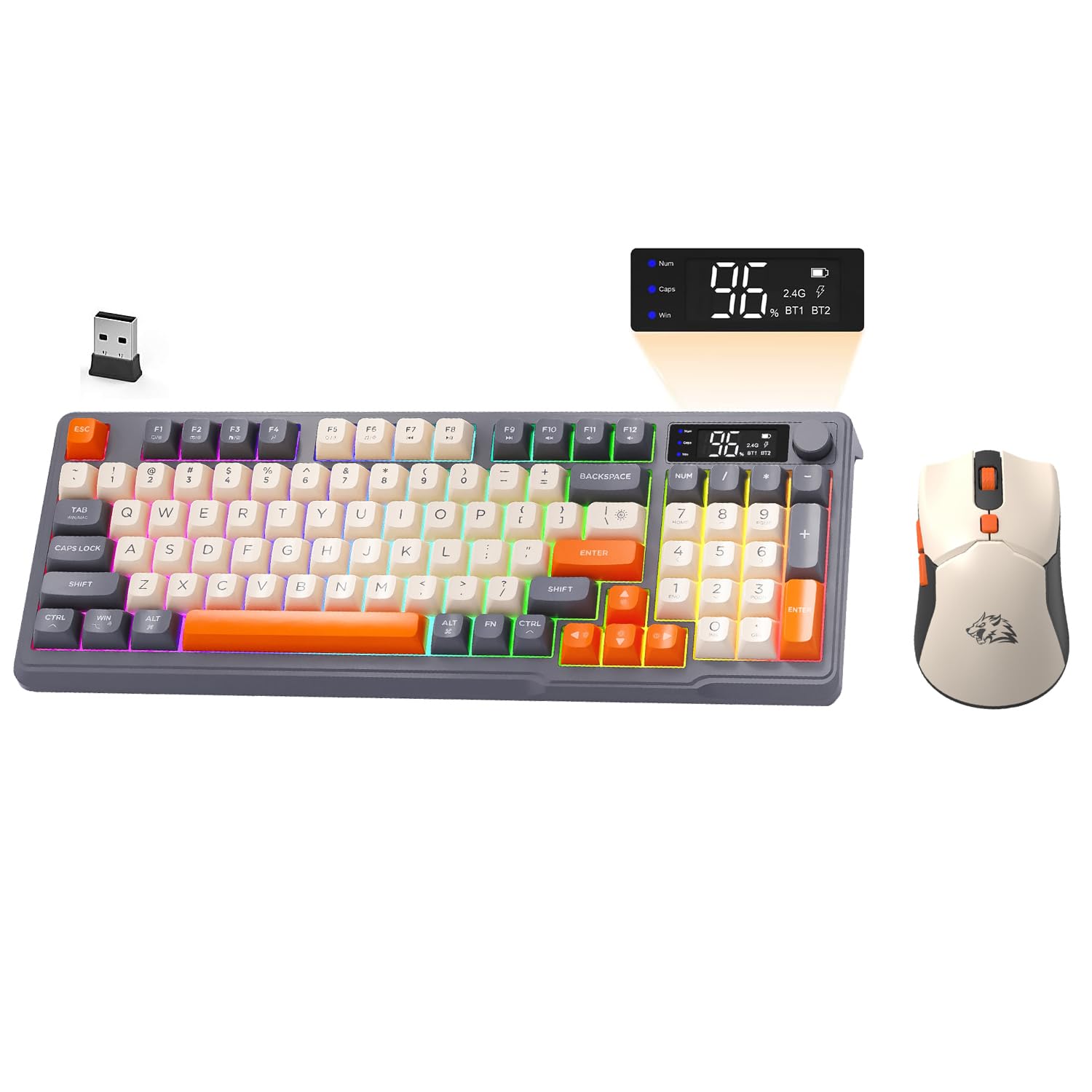 ZIYOU LANG×FREEWOLF T96 Kabelloses Gaming-Tastatur- und Maus-Set, BT/2,4 GHz, Smart Display und Knopf, Regenbogen-Hintergrundbeleuchtung, Aufladbare QWERTY-Tastatur,Drahtlos ComputerMaus –Schimmern