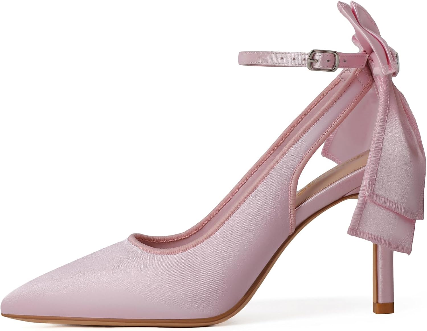 RIBONGZ Heels for Womens Bow Heels with Strappy Wedding Satin Shoes for Bride Closed Pointed Toe Stiletto Slingback Pumps Sexy Ankle Strap Prom Dressy Party Bridesmaid Shoes 7.5 Pink