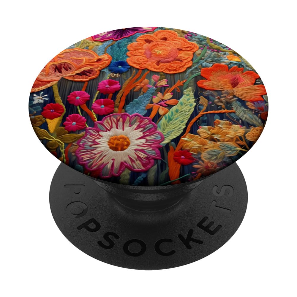 Colorful Flowers in Embroidery Optic, Flowers PopSockets Adhesive PopGrip