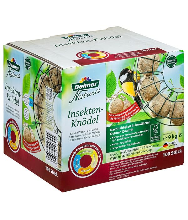 Dehner Natura Premium Meisenknödel ohne Netz, Insektenknödel, ganzjähriges Wildvogelfutter proteinreich / energiereich, 100 Stück je 90 g (9 kg), Karton aus FSC-zertifizierter Produktion