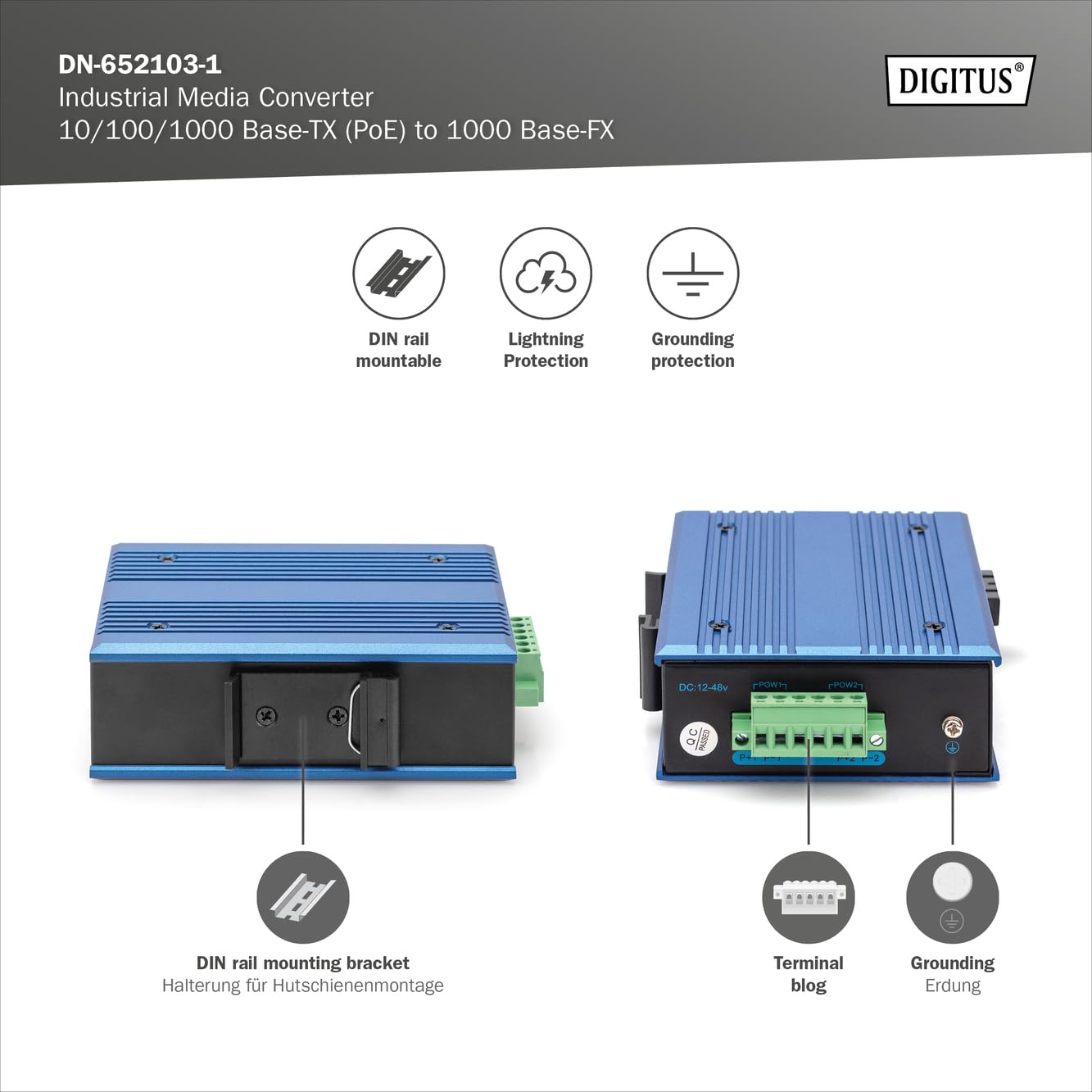 DIGITUS Convertisseur de média Industriel – RJ45 vers Port SFP
