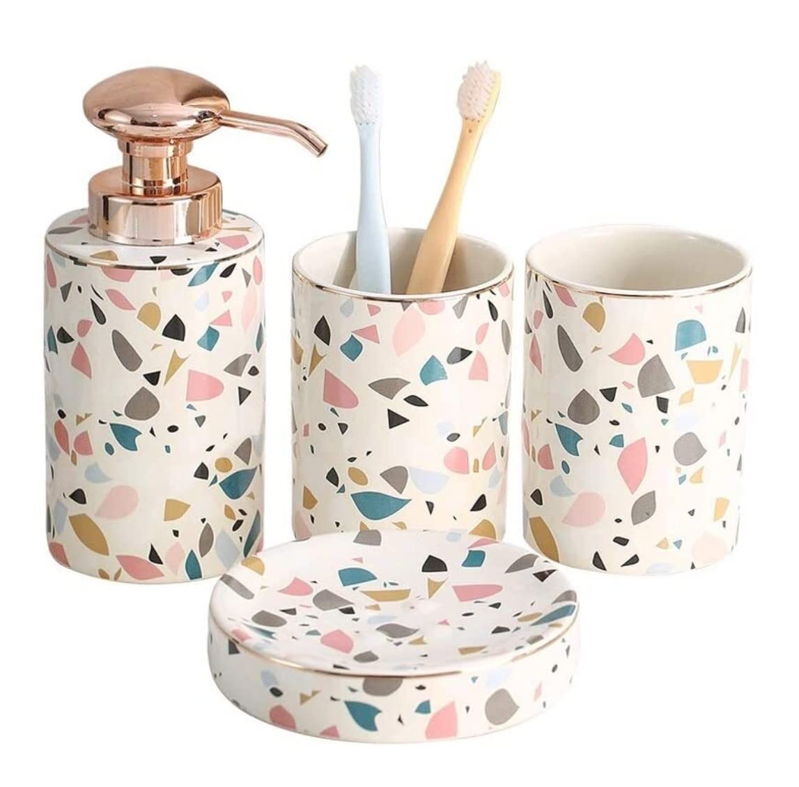 Badezimmer Set Seifenspender Mit Keramikapplikation, 4-teiliges Badezimmer-Set Seifenpumpe, Seifenschale, 18,6 Oz Lotion-Pumpflasche Dekoration Organizer