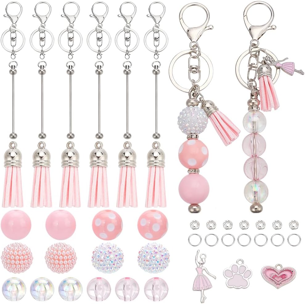 SUNNYCLUE DIY 6 Sets Valentines Day Keychain Making Kit Bead Keychain Bars Romantic Pink Charms Beadable Keychains Bar Keychain for Women Adults Gift Holiday Party Favor Office School Supplies